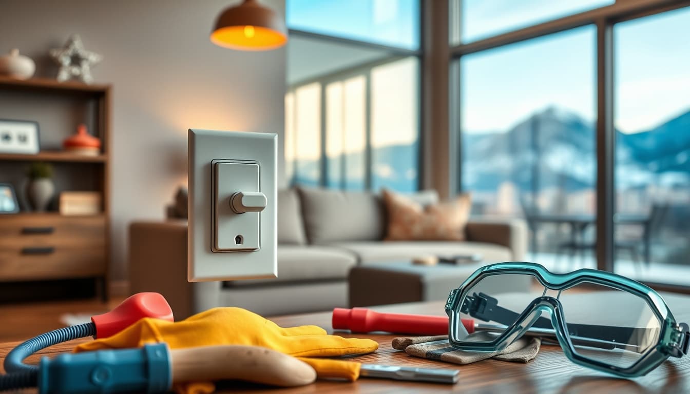 a close-up view of an electrical outlet and switch in a home, set against a backdrop of a cozy living room in denver, with mountains visible through the window, showcasing tools and safety gear like gloves and goggles nearby, emphasizing the theme of diy home improvement.
