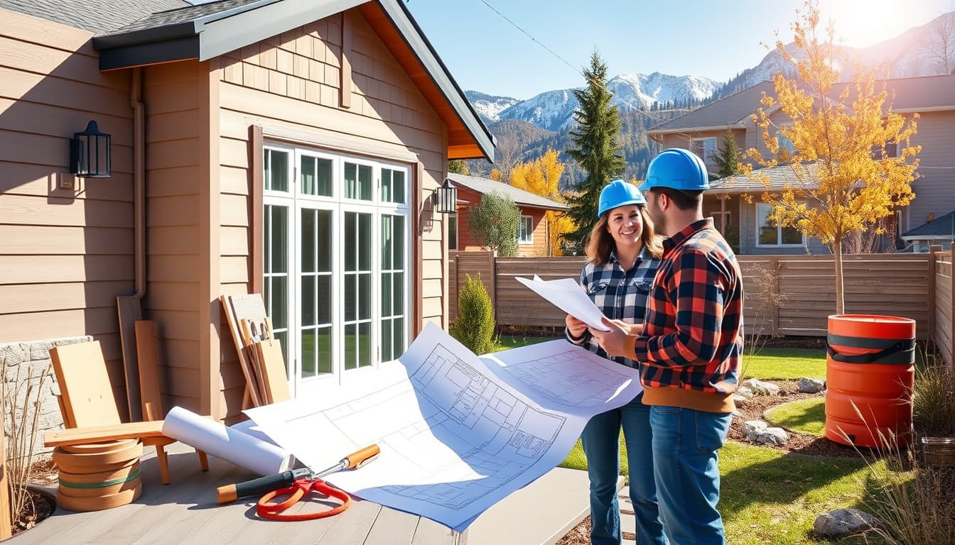an engaging scene of a home renovation project in denver, showcasing a stylish house with construction tools, blueprints, and a friendly builder discussing plans with a homeowner in a sunny backyard setting, surrounded by the rocky mountains in the background.