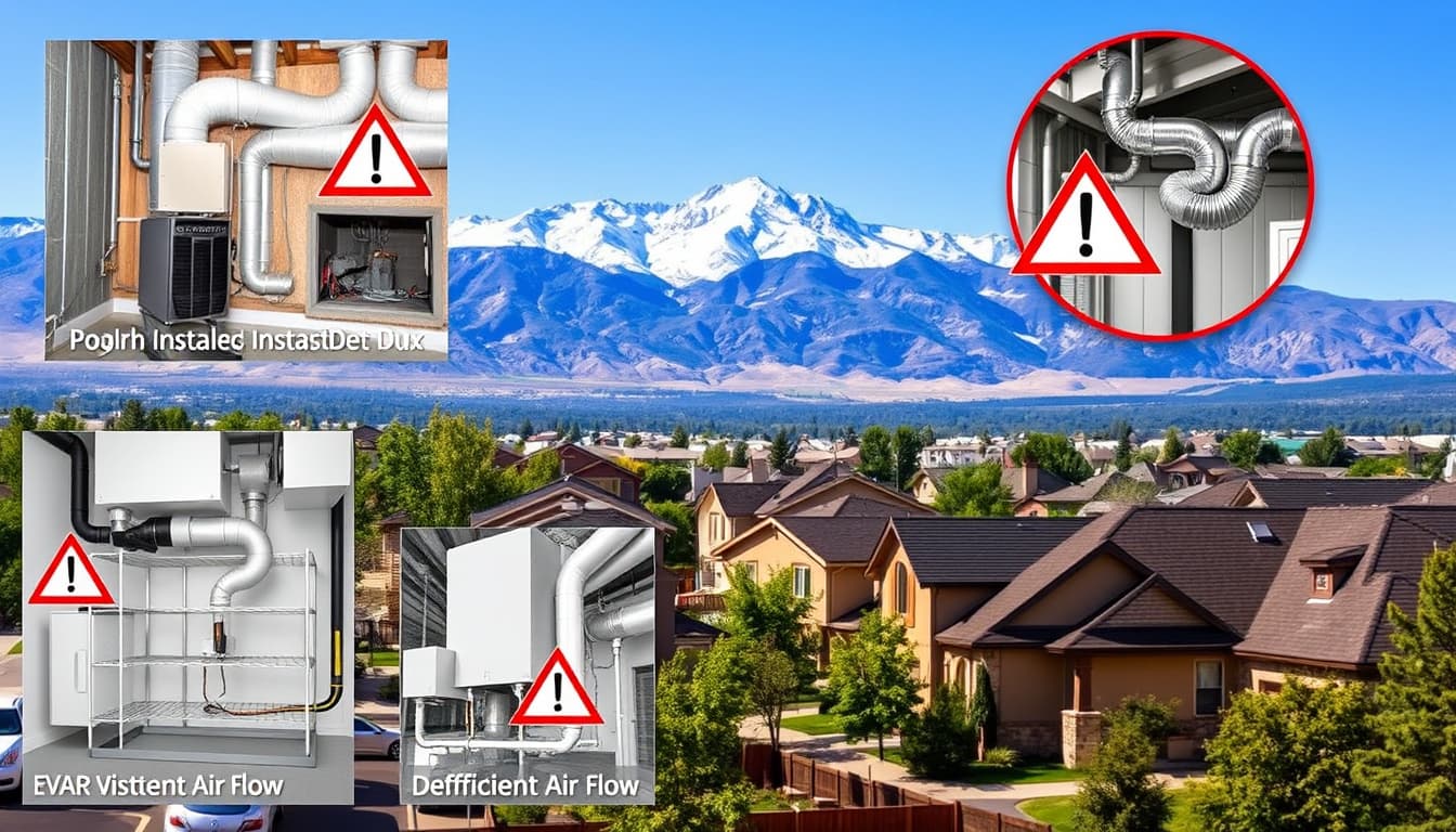 a collage showcasing various hvac systems in residential settings, highlighting common code violations such as improper insulation, poorly installed ducts, and insufficient air flow. the background features a typical denver neighborhood, with mountains in the distance.