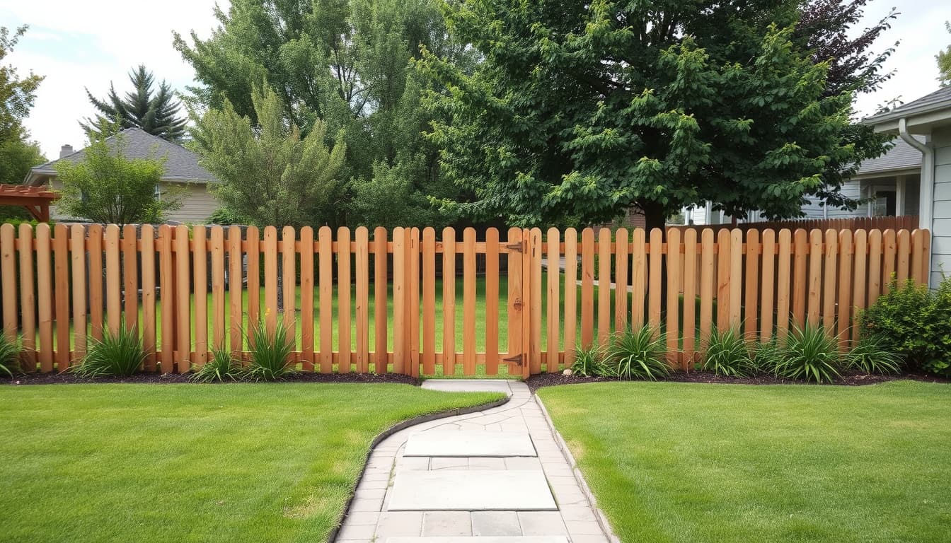 a serene suburban scene in denver featuring a well-maintained garden with a wooden fence. the fence is positioned slightly away from the property line, surrounded by lush greenery, trees, and a decorative pathway, showcasing the essence of personal space and boundary in a peaceful neighborhood.