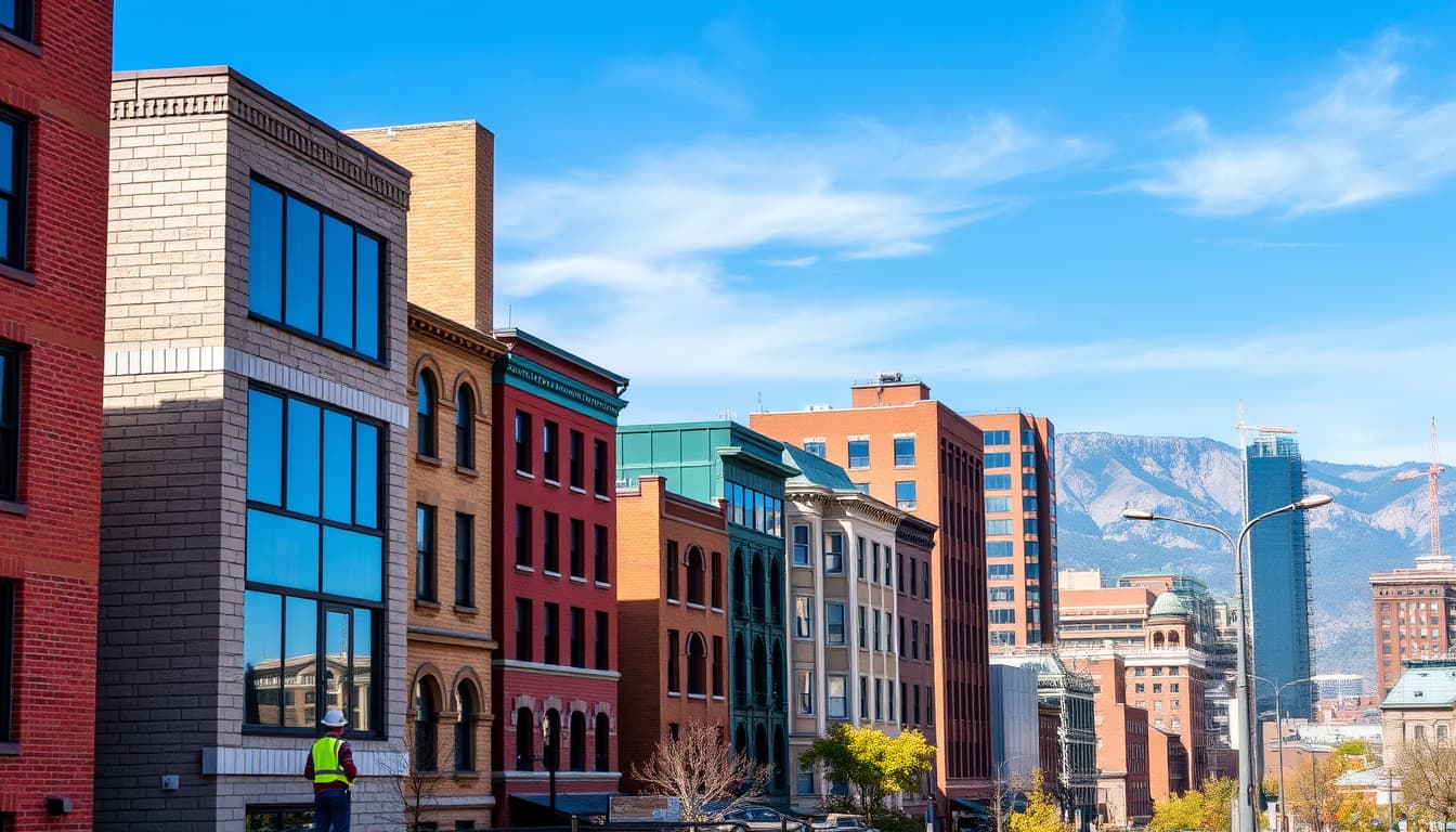 a cityscape of denver showcasing various masonry buildings, highlighting architectural details and inspection scenes with workers in hard hats examining structures. emphasize the contrast between well-maintained and neglected masonry, with a backdrop of the rocky mountains under a blue sky.
