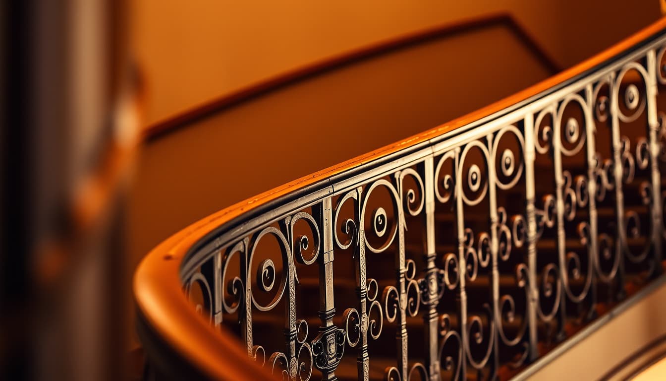 a close-up view of ornate, vintage metal railings winding along a staircase, illuminated by soft, warm light, with intricate patterns and a hint of aged patina.