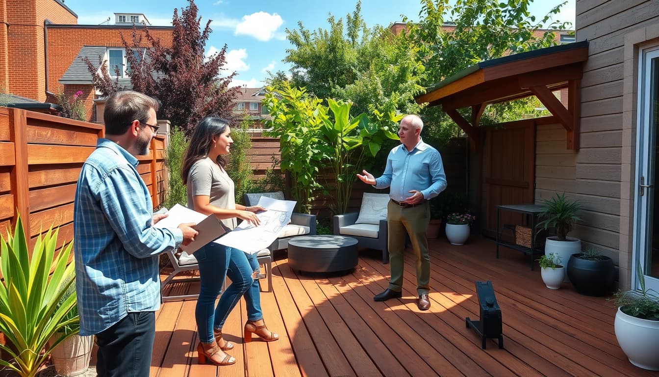 a serene urban backyard in denver featuring a beautifully designed wooden deck, with clear skies and lush greenery. show homeowners engaging in discussions with a friendly city inspector, surrounded by blueprints and plants, capturing a sense of community and cooperation.