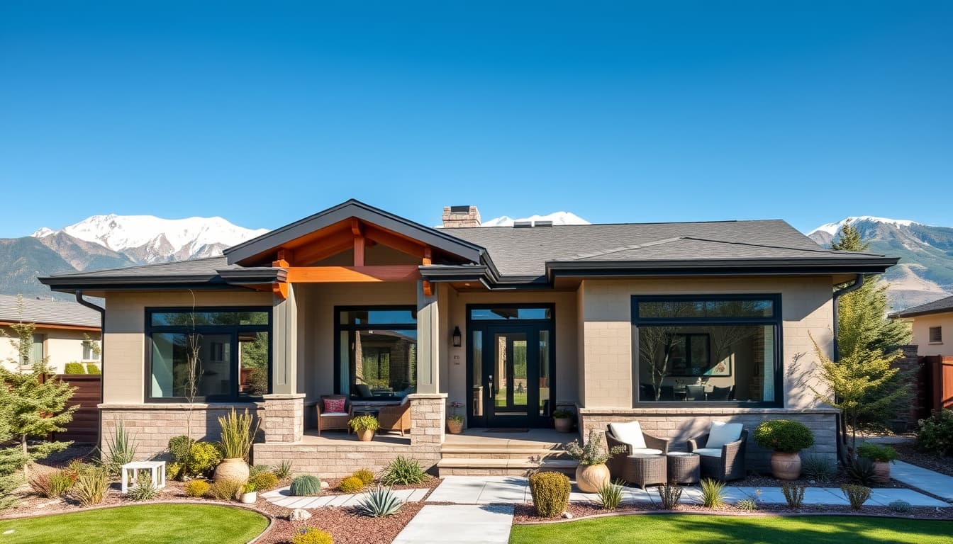 a beautifully remodeled denver home exterior with modern architecture, featuring a balance of traditional and contemporary elements. surround the house with the stunning colorado mountains in the background, showcasing a clear blue sky and a cozy outdoor space with plants and furniture.