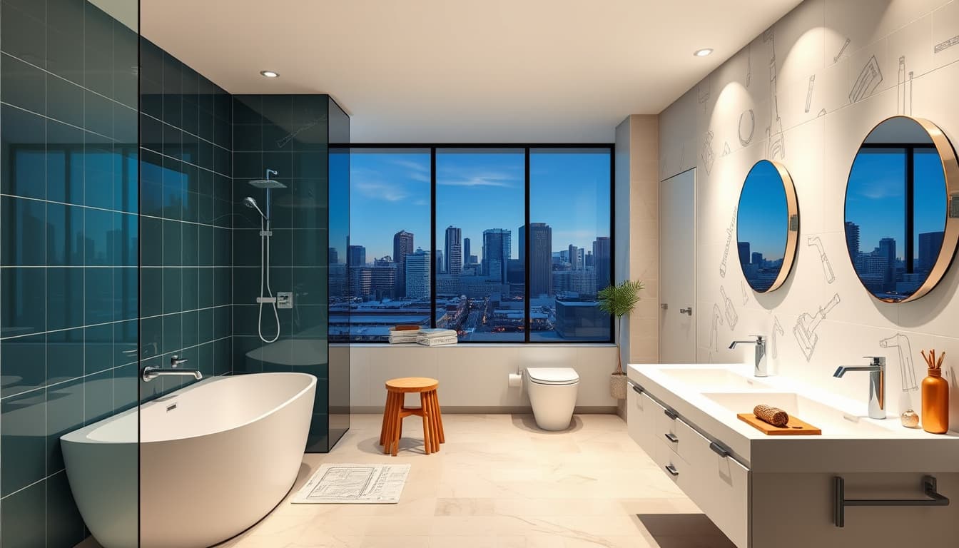 a stylish modern bathroom showcasing various renovations, featuring bold tiles, contemporary fixtures, and open space, while subtly incorporating elements that suggest city building codes and regulations, like blueprint designs and tools, amidst a backdrop of a picturesque denver skyline.
