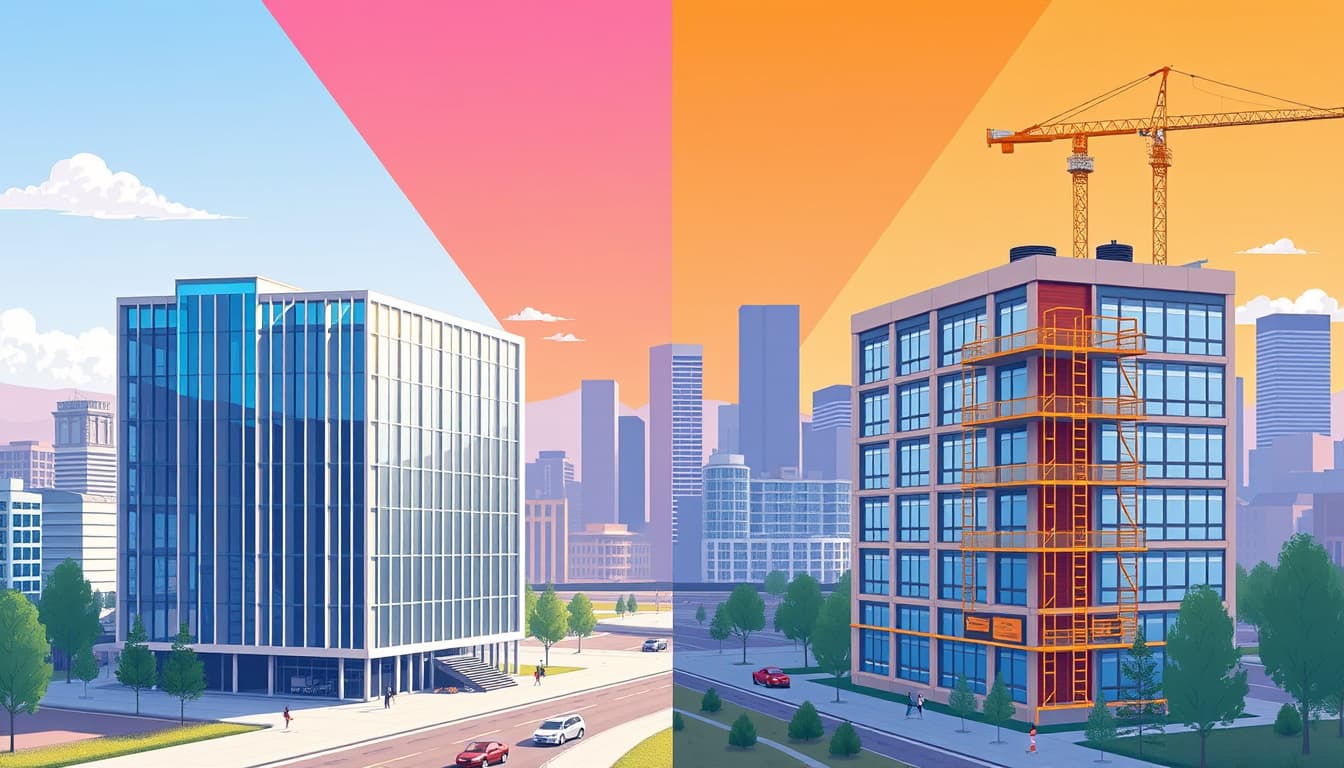 illustrate a split-scene comparison between a modern, newly constructed building with advanced hvac systems on one side and an older building undergoing renovation with traditional hvac systems on the other, set against a city skyline of denver, highlighting architectural differences and construction activities.