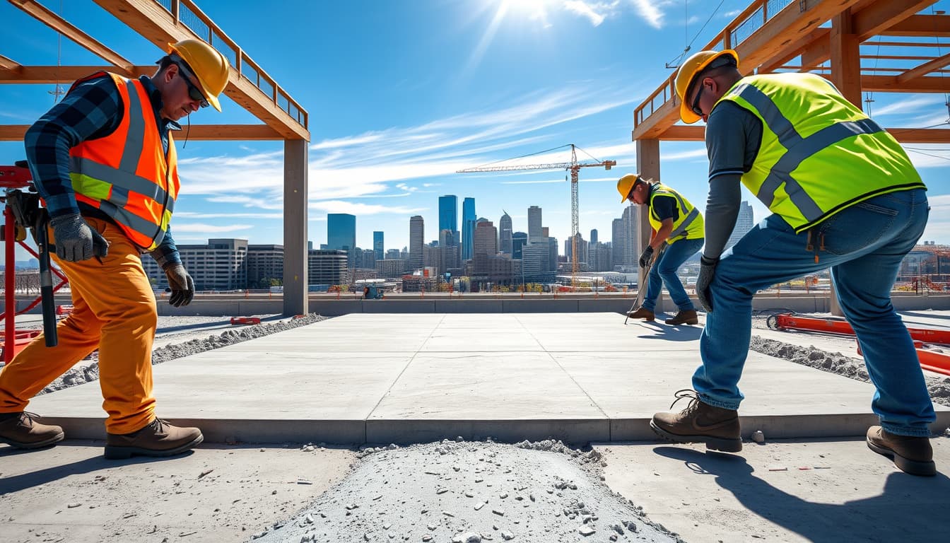 a construction site in denver showcasing workers replacing concrete, with city skyline in the background, emphasis on safety gear and tools, and clear blue skies.