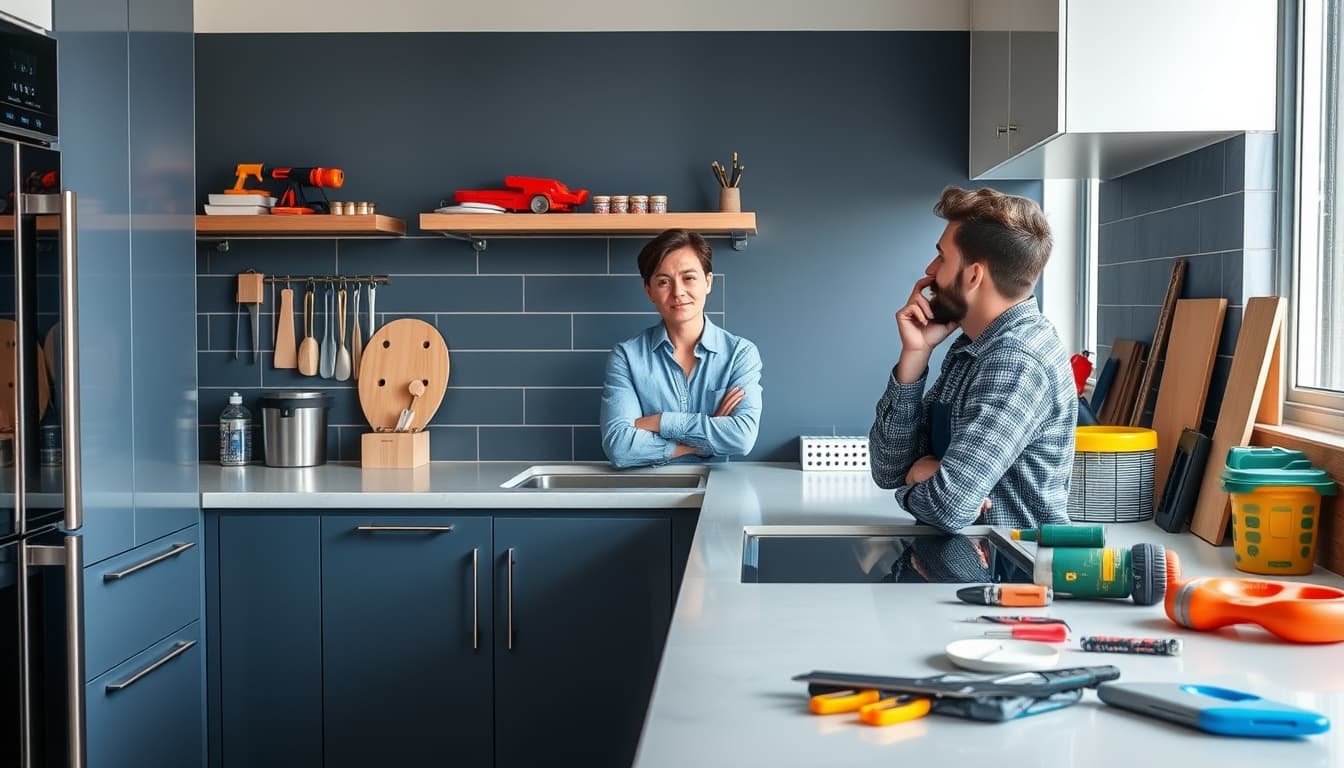 an interior view of a modern kitchen in denver, showcasing a sleek sink and dishwasher area, with a thoughtful homeowner contemplating their next renovation steps, surrounded by tools and home improvement materials.
