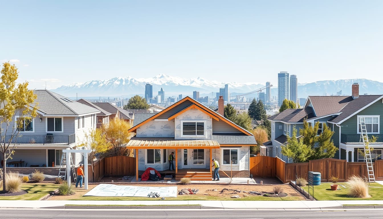 an architectural scene of a bustling denver neighborhood featuring a house undergoing renovations, with construction workers and blueprints visible. the background highlights the iconic denver skyline and nearby mountains, capturing a blend of urban and natural elements.