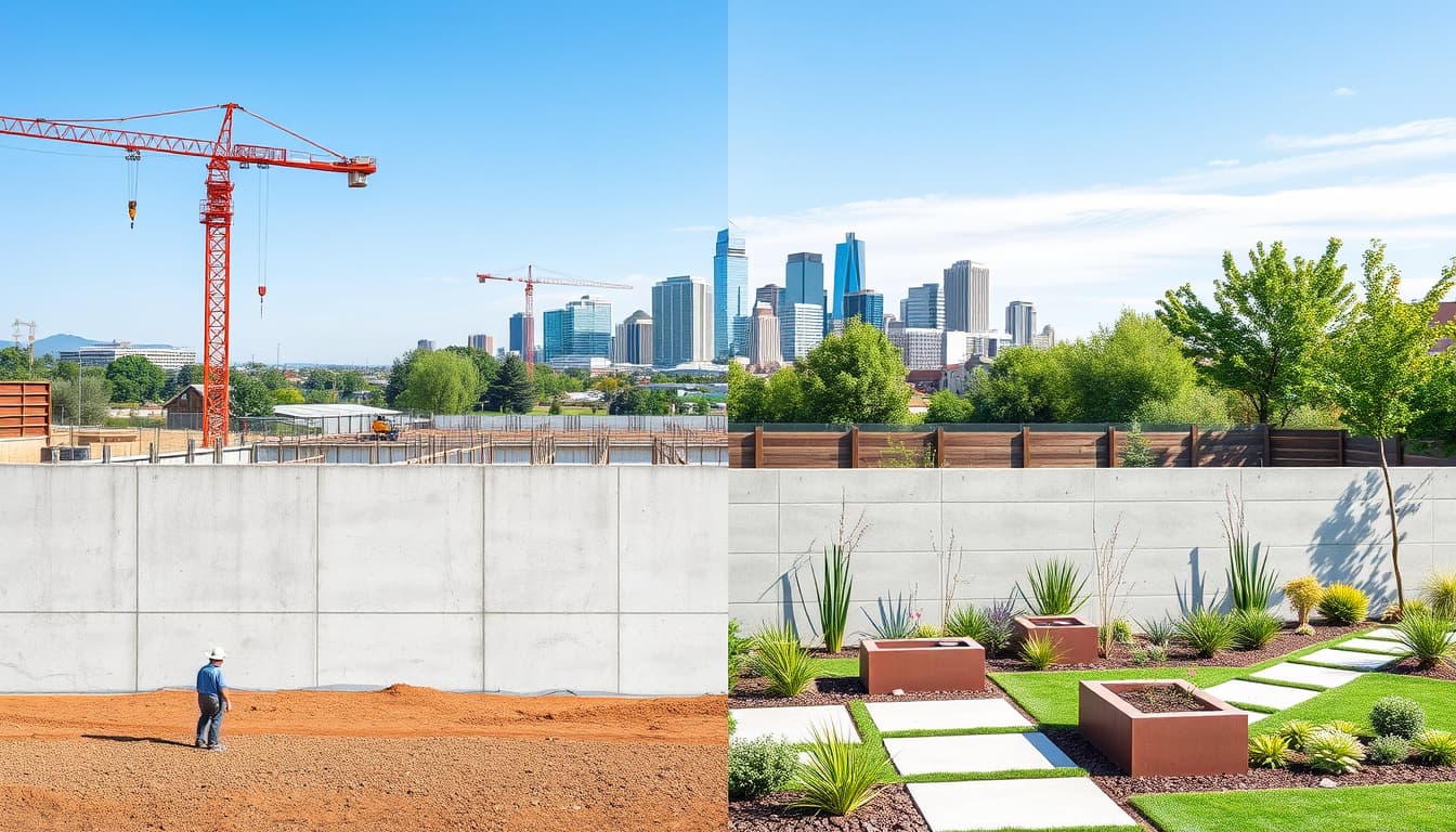 a split scene illustrating two contrasting types of concrete work: on one side, a construction site showing a structural concrete framework with cranes and workers, and on the other side, a garden or backyard featuring decorative non-structural concrete elements like pathways and planters, all set against the backdrop of denver's skyline.