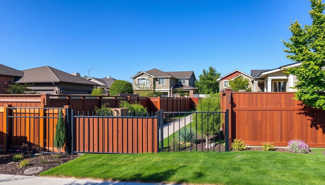 a serene denver residential neighborhood showcasing a variety of stylish fence designs, blending harmoniously with well-maintained gardens and homes, under a clear blue sky. the fences should include wood, metal, and decorative elements, reflecting different styles and heights, while maintaining a cohesive and inviting atmosphere.