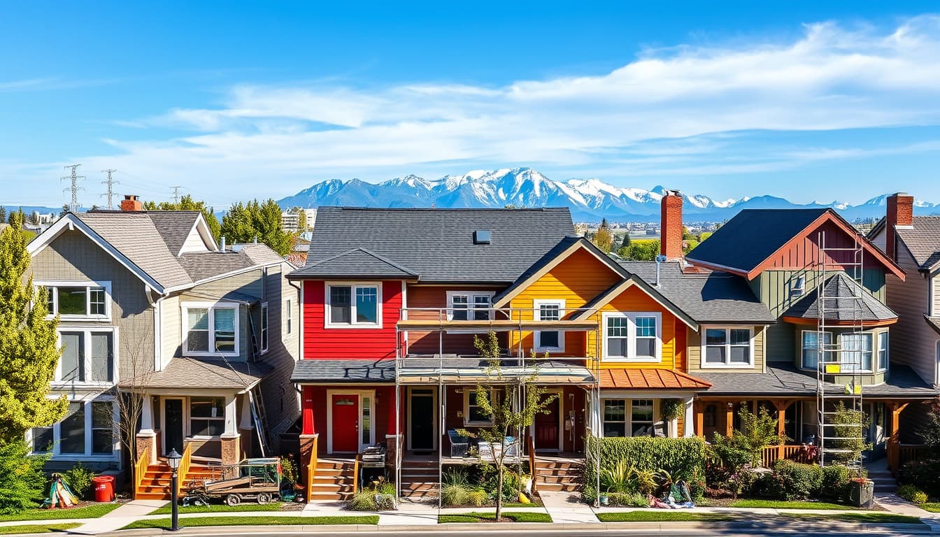 a cozy denver neighborhood showcasing various home exteriors, including a mix of modern and traditional styles, with vibrant colors and diverse textures, under a clear blue sky. incorporate construction tools and scaffolding to symbolize home improvement work, with a distant mountain backdrop to emphasize the denver setting.