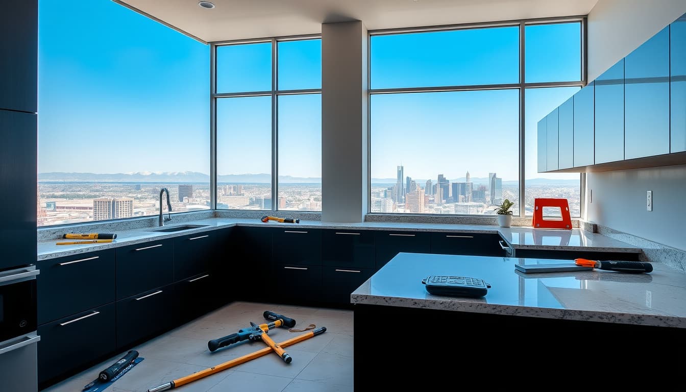 a kitchen scene showcasing modern cabinets and countertops being installed, with construction tools scattered around, and a cityscape of denver visible through a window, under a bright blue sky.