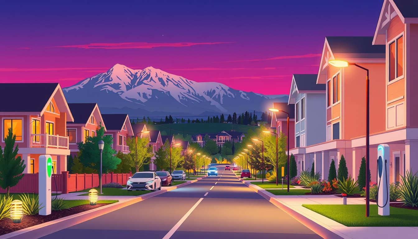 illustrate a modern urban setting in denver with a backdrop of the rocky mountains. feature a vibrant street scene showcasing a residential neighborhood with aesthetically pleasing outdoor lighting and electric vehicle chargers, highlighting the interplay of technology and nature at dusk.