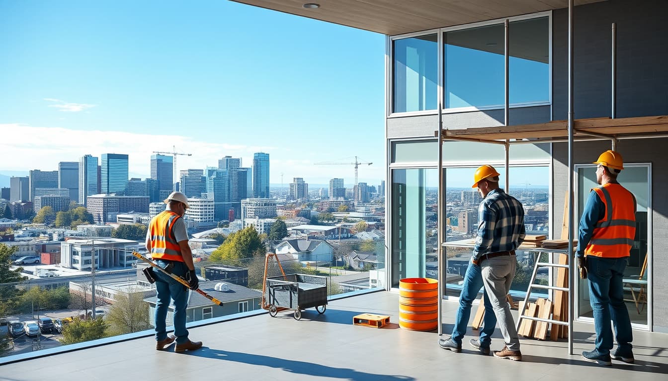 a modern denver home undergoing a stylish remodel, featuring construction workers in hard hats, scaffolding, and safety equipment, with the backdrop of the city skyline and a blue sky, emphasizing an atmosphere of progress and compliance.