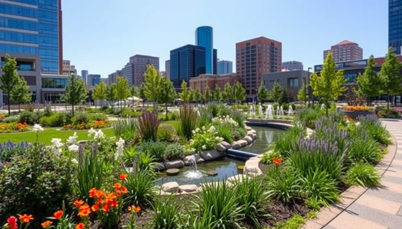 a scenic urban landscape in denver showcasing well-designed gardens with effective drainage solutions. include elements like lush greenery, flower beds, and water features integrated into the landscape to emphasize effective drainage.