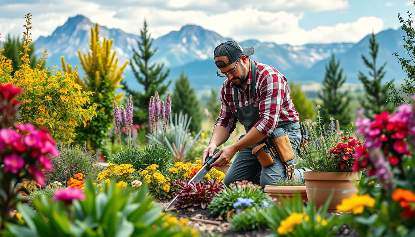 a lush denver landscape with a professional landscaper working on a beautiful garden, showcasing tools, plants, and a background of the rocky mountains, emphasizing collaboration and attention to detail in outdoor design.