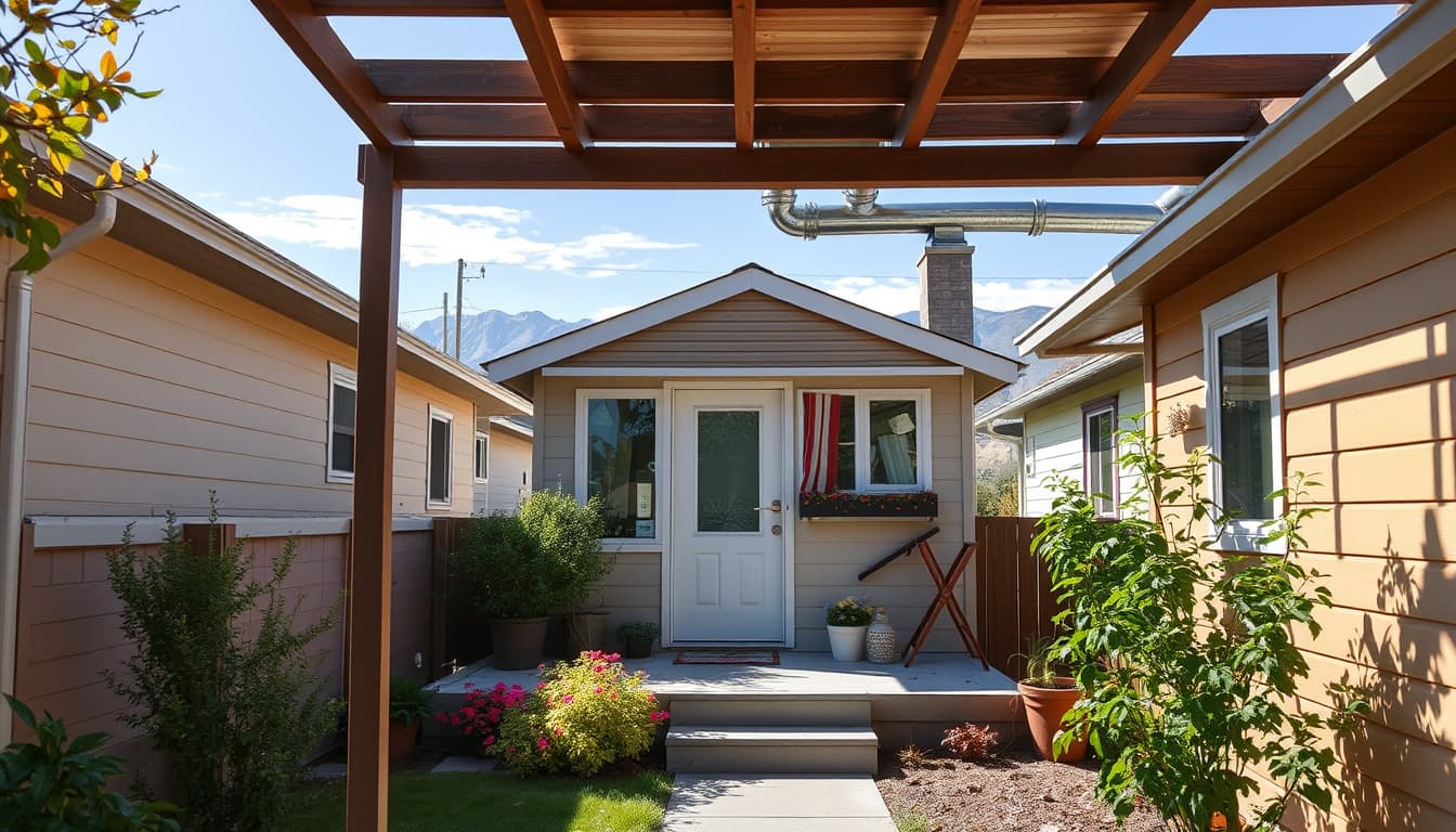 a cozy denver home with visible unpermitted hvac work in the background, showcasing a blend of residential architecture and subtle signs of renovation. the scene captures a sunny day with mountains in the distance, emphasizing the charm of denver's neighborhoods.
