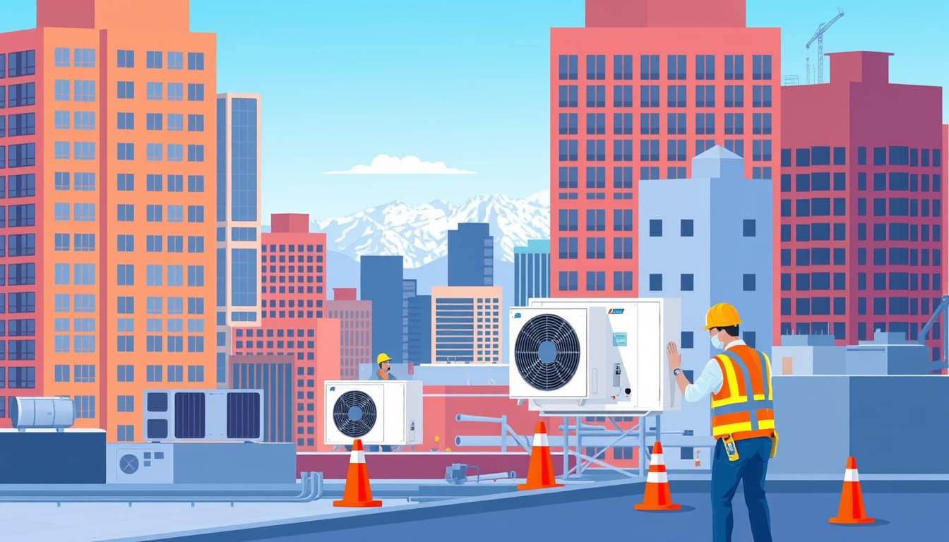 a detailed illustration of an urban denver skyline featuring high-rise buildings, with various hvac units visibly placed on rooftops, and a construction worker inspecting a modern hvac system. the scene shows a blue sky, mountains in the background, and elements symbolizing regulations like hard hats and safety cones.