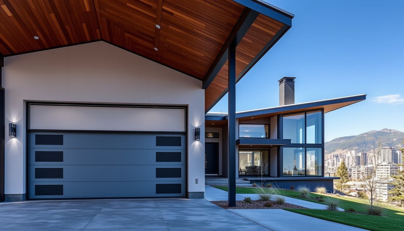a modern architectural scene showcasing a spacious attached garage with stylish gutter systems and a contemporary addition to a house, set against the backdrop of denver's skyline and rocky mountains. the image should highlight the integration of environmental features, urban design elements, and natural surroundings.