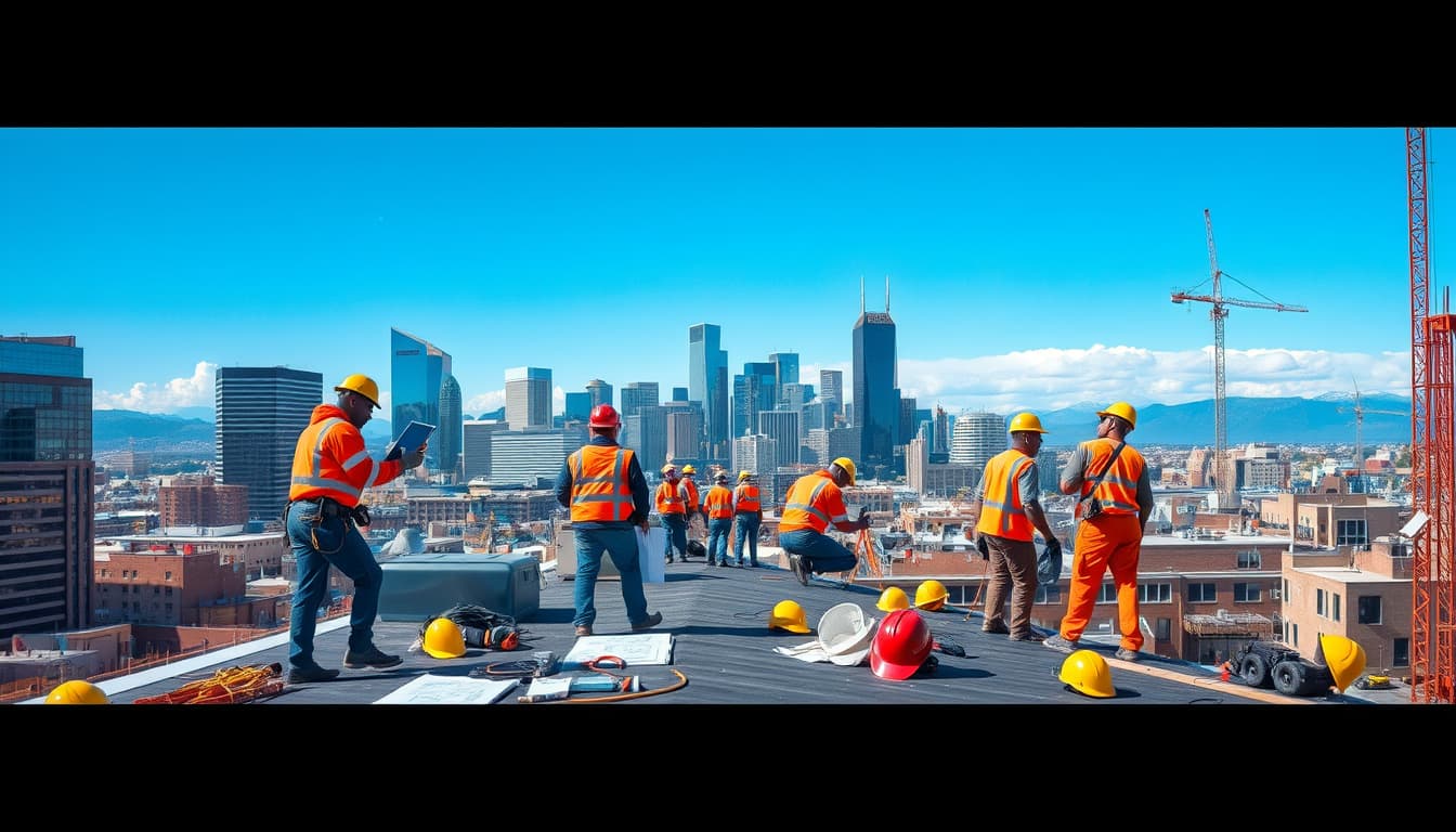 a dynamic scene of a bustling denver cityscape featuring a diverse team of roofers working on a rooftop, with the denver skyline in the background, bright blue skies, and various city inspections in progress, showcasing advanced tools and equipment. include elements symbolizing construction codes like hard hats and blueprints, emphasizing teamwork and attention to safety in a vibrant urban environment.