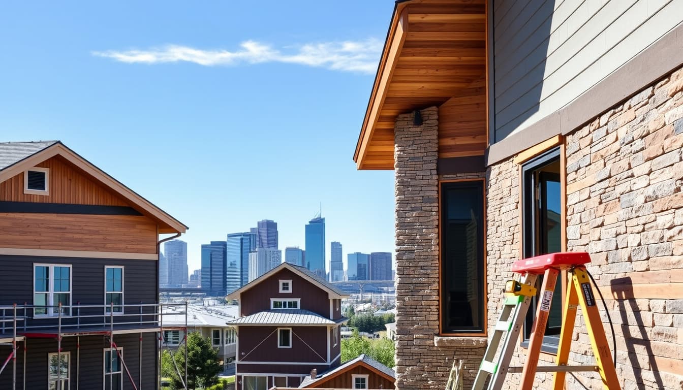 show a construction site in denver with diverse siding materials like wood, vinyl, and stone, highlighting structural modifications to comply with building codes. include visual elements like scaffolding, inspection tools, and a backdrop of the denver skyline under a clear blue sky.