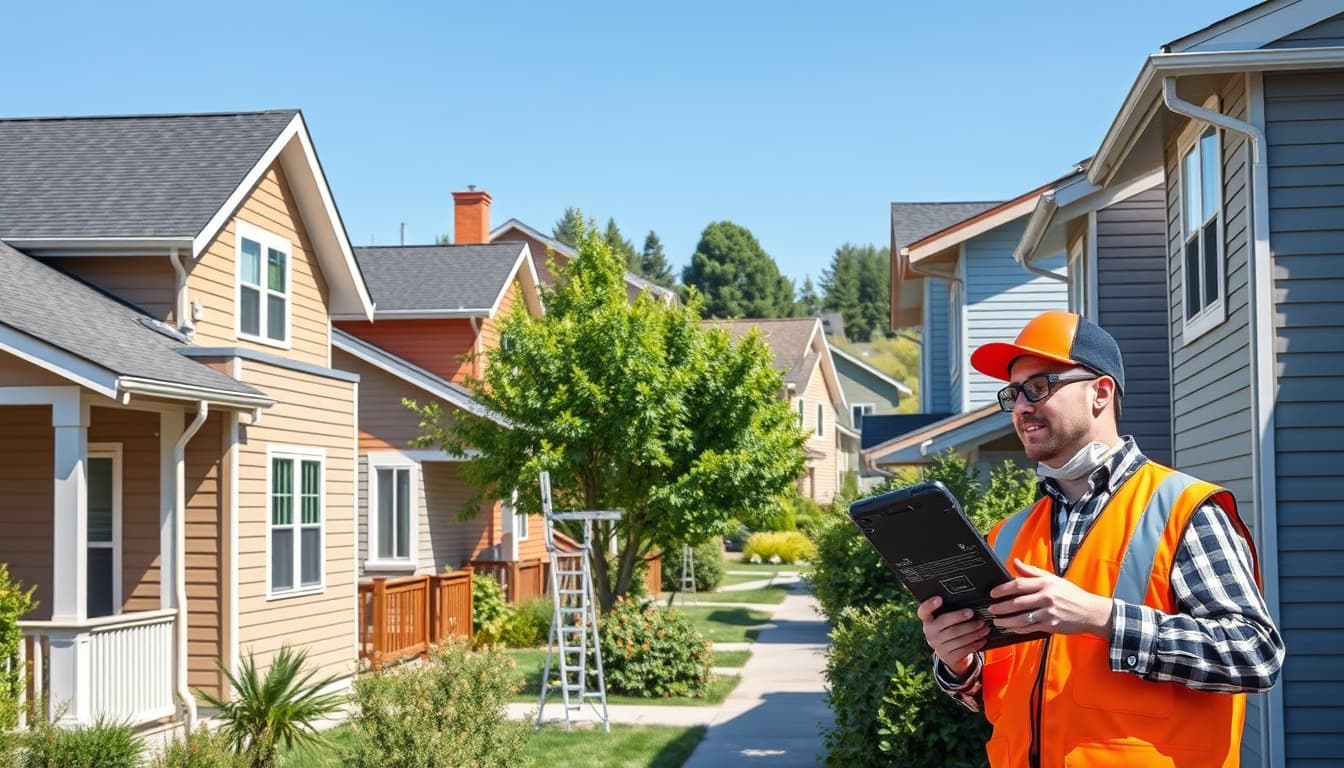 a picturesque denver neighborhood showcasing various homes with well-maintained siding and gutters, juxtaposed with a city inspector examining properties, highlighting themes of construction quality and urban living.