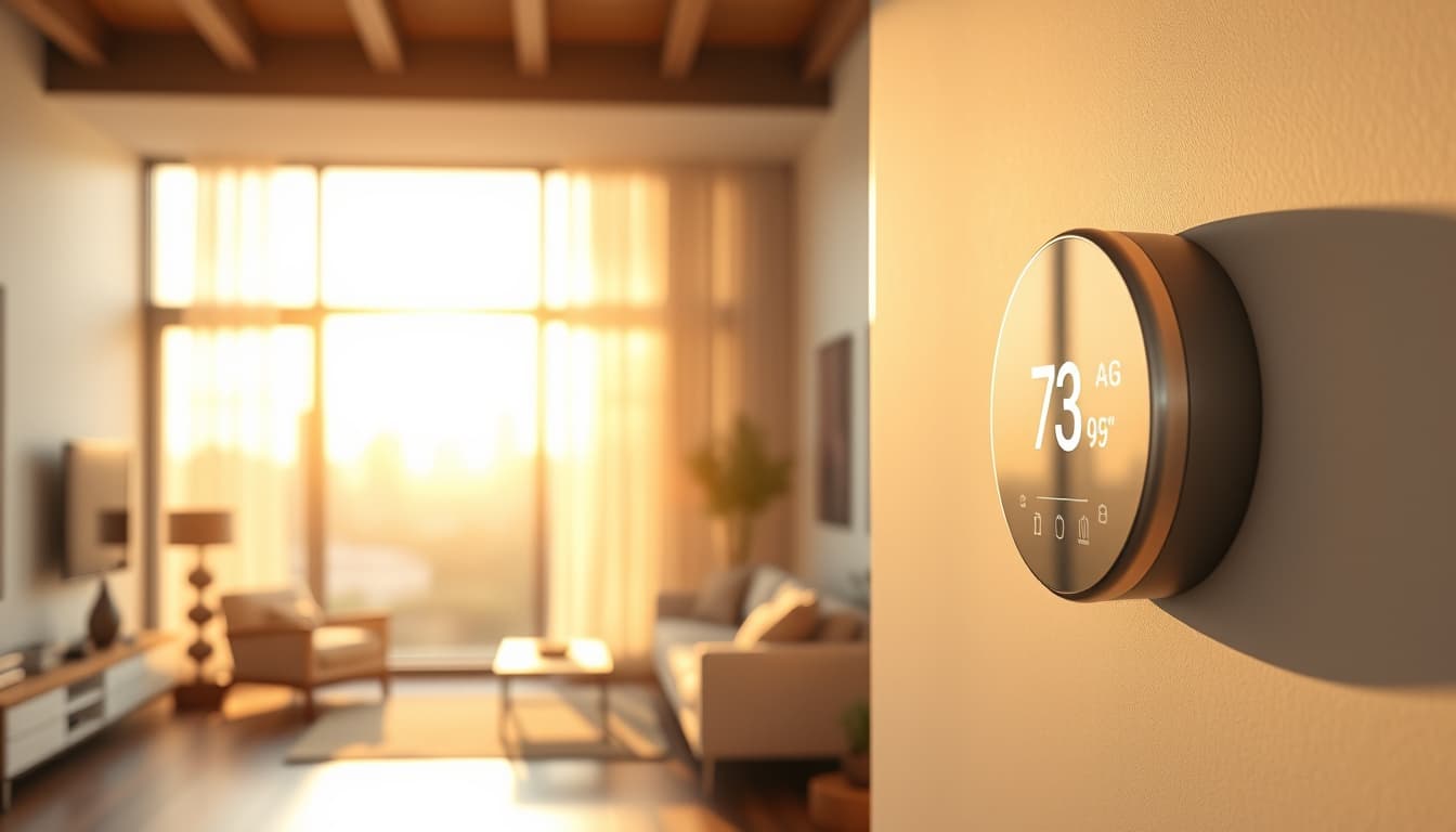 an interior scene of a modern, stylish home showing a sleek digital thermostat on the wall, with a cozy living space in the background, sunlight streaming through a window, and hints of denver's skyline visible outside.
