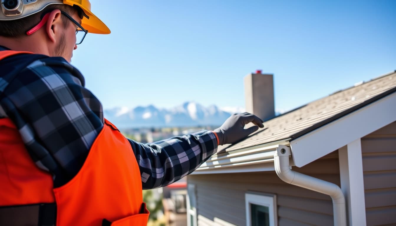 a close-up image of a construction worker inspecting the installation of siding and gutters on a house, with a backdrop of the denver skyline and the rocky mountains in the distance. the scene conveys attention to detail and adherence to building codes, featuring tools and safety gear, with a clear blue sky overhead.