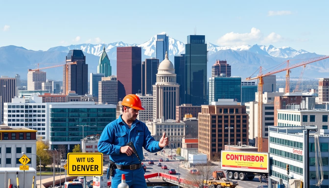 a bustling denver cityscape with iconic mountains in the background, showcasing a plumber at work with various tools and plumbing materials, surrounded by construction signs and buildings under renovation.