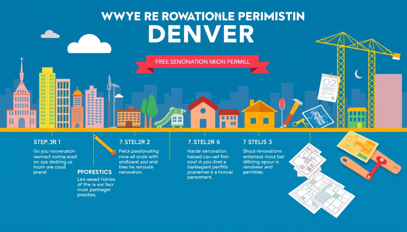 a detailed, colorful infographic depicting the step-by-step process of obtaining renovation permits in denver, featuring visual elements like city landmarks, home renovation tools, and architectural sketches. the background should evoke a sense of urban development and construction activity.