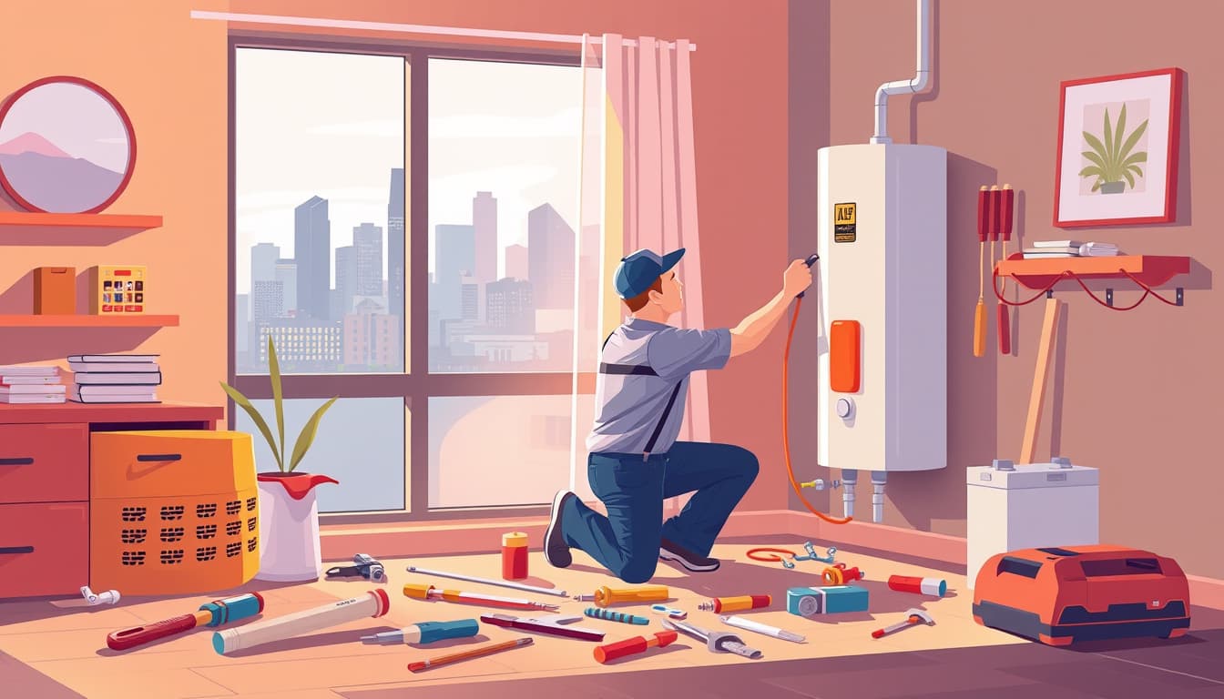 an illustration of a plumber replacing a water heater in a modern denver home, showcasing tools and equipment scattered around, with the denver skyline visible through a window. the scene should convey a sense of home improvement and the importance of proper installation, featuring warm colors and a cozy atmosphere.