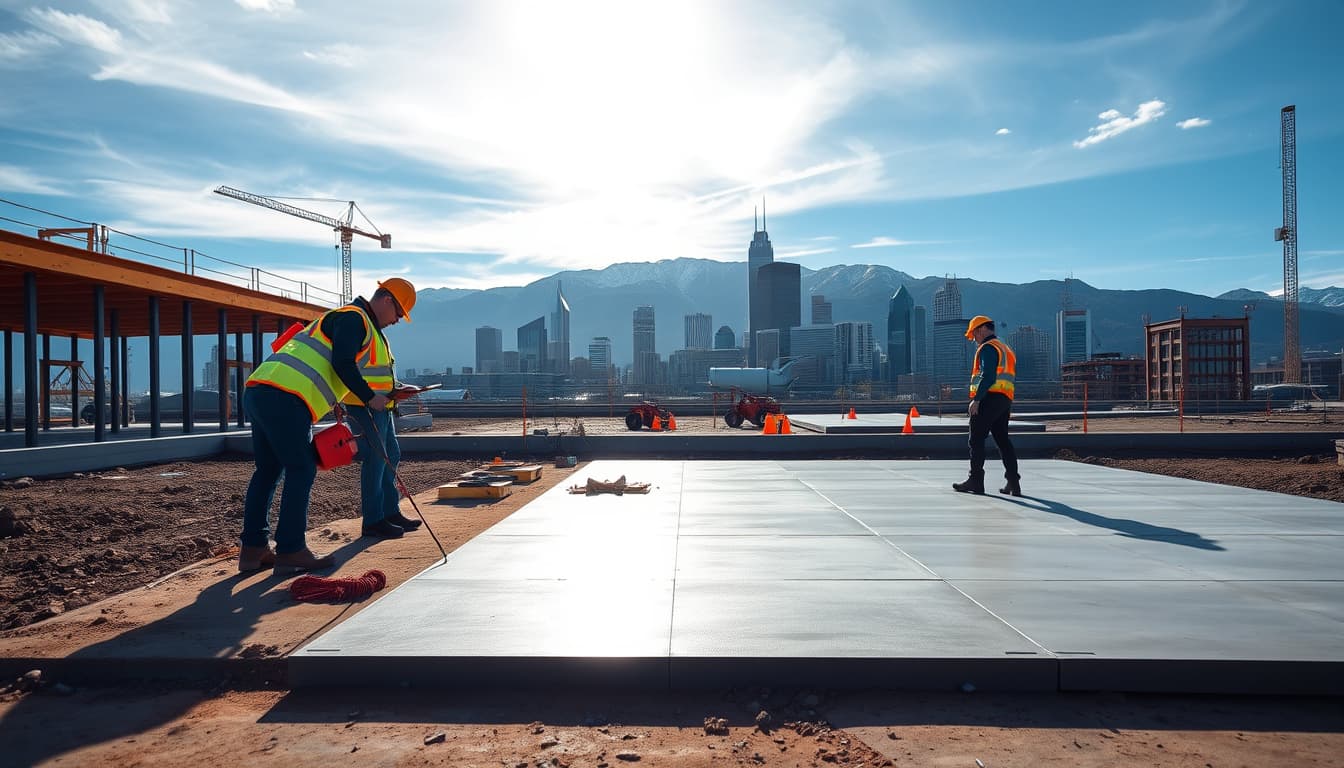 a modern inspection scene in denver featuring a concrete construction site with inspectors examining freshly poured concrete slabs, surrounded by the denver skyline and mountains in the background, showcasing tools and equipment for assessment, all visually conveying a sense of efficiency and professionalism.