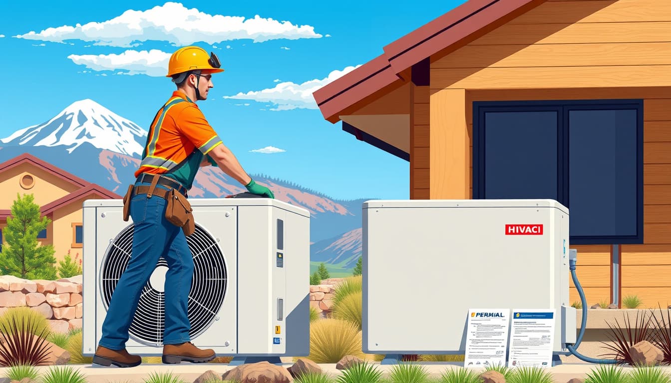 a detailed illustration of an hvac technician working on a large air conditioning unit outside a modern denver home, with a backdrop of the rocky mountains and clear blue skies, emphasizing safety equipment like helmets and gloves, and including visible permit signs or documentation nearby.