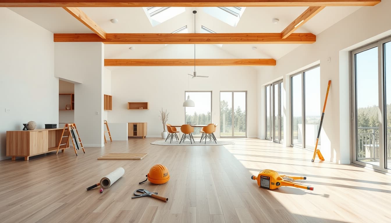 an architectural scene depicting a home interior with an open floor plan after a wall has been removed, showcasing modern design elements, natural light streaming in, and construction tools subtly placed around, emphasizing a clean, airy atmosphere.