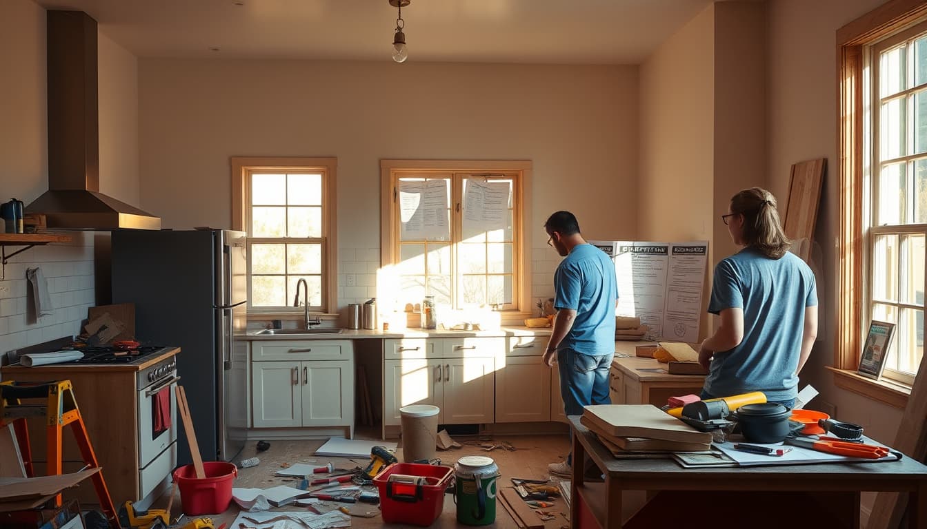 a vibrant kitchen under renovation in denver, featuring unfinished work, scattered tools, and a frustrated homeowner looking at the mess; sunlight streaming through a window illuminating compliance notices and building materials, capturing the feeling of chaos and the importance of permits in home improvement.