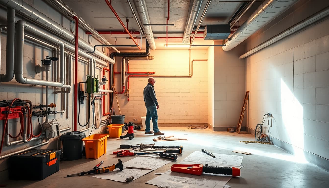 a detailed interior scene of a basement under renovation in denver, showcasing various plumbing installations with tools scattered around, blueprints on the floor, and workmen discussing plans. the atmosphere reflects a construction site with pipes, fixtures, and a partially finished space illuminated by soft overhead lighting.