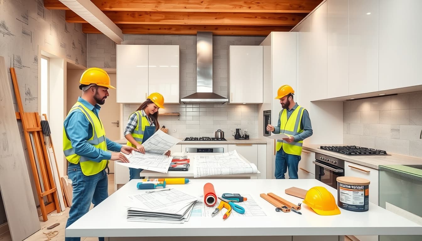 a modern kitchen under renovation, showcasing a team of professionals working with blueprints and tools, surrounded by construction materials like tiles and cabinets. include visuals of building code documents and safety gear, highlighting the process of ensuring compliance while transforming a space.