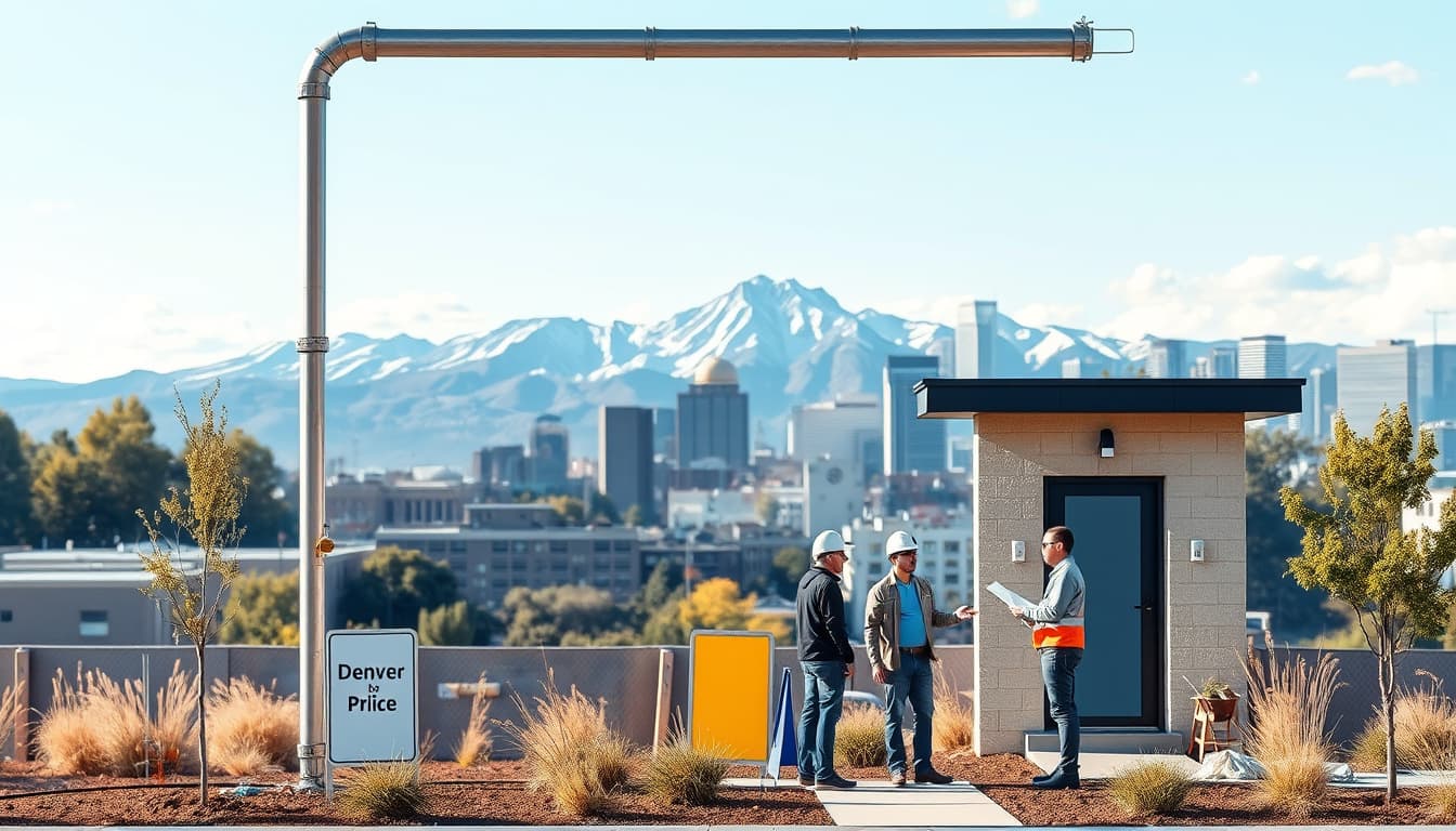 an urban scene in denver featuring a modern home with exposed plumbing work, construction signs, and a worker discussing plans with a homeowner. the background shows the denver skyline with mountains, emphasizing the city's blend of urban and natural landscapes.