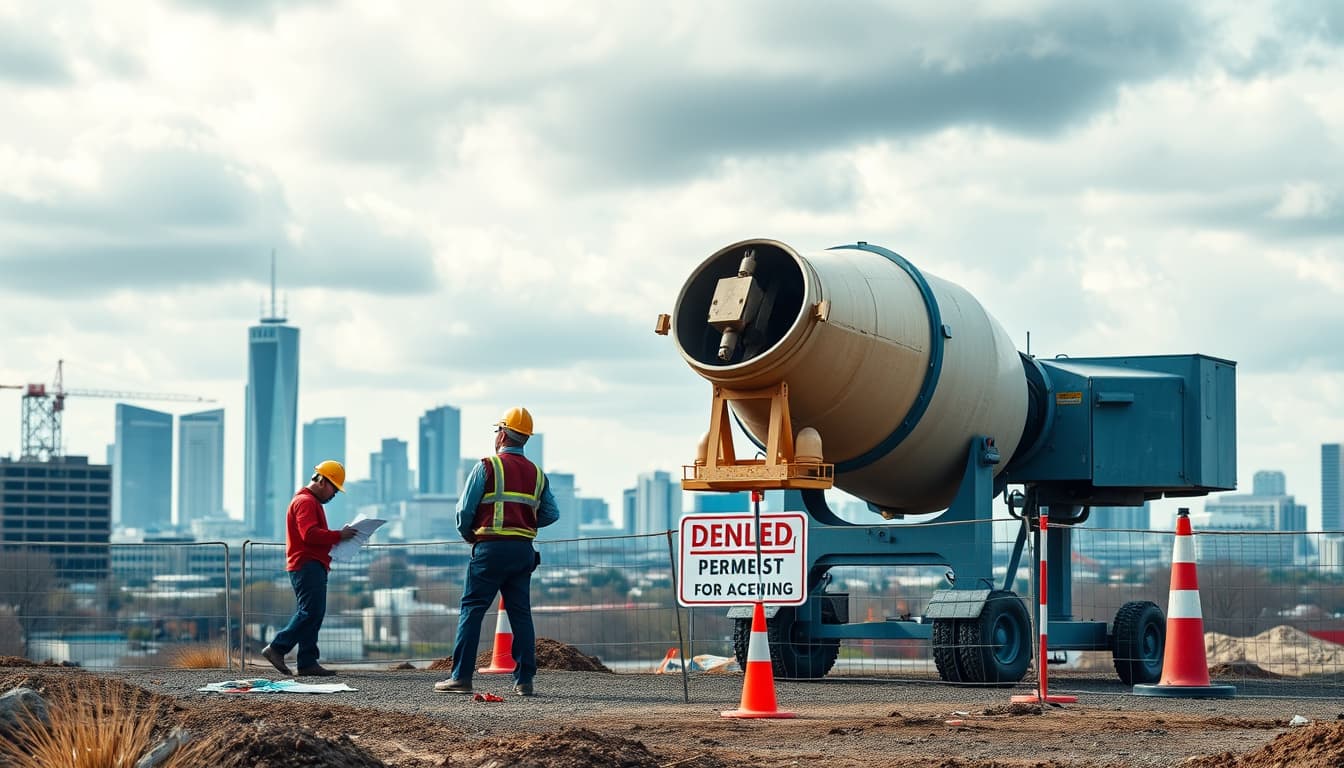 a construction site in denver showing workers with blueprints, a concrete mixer, and a city skyline in the background. focus on a scene depicting a halted project due to a denied permit, with visible construction barriers and denied signage, under a cloudy sky.