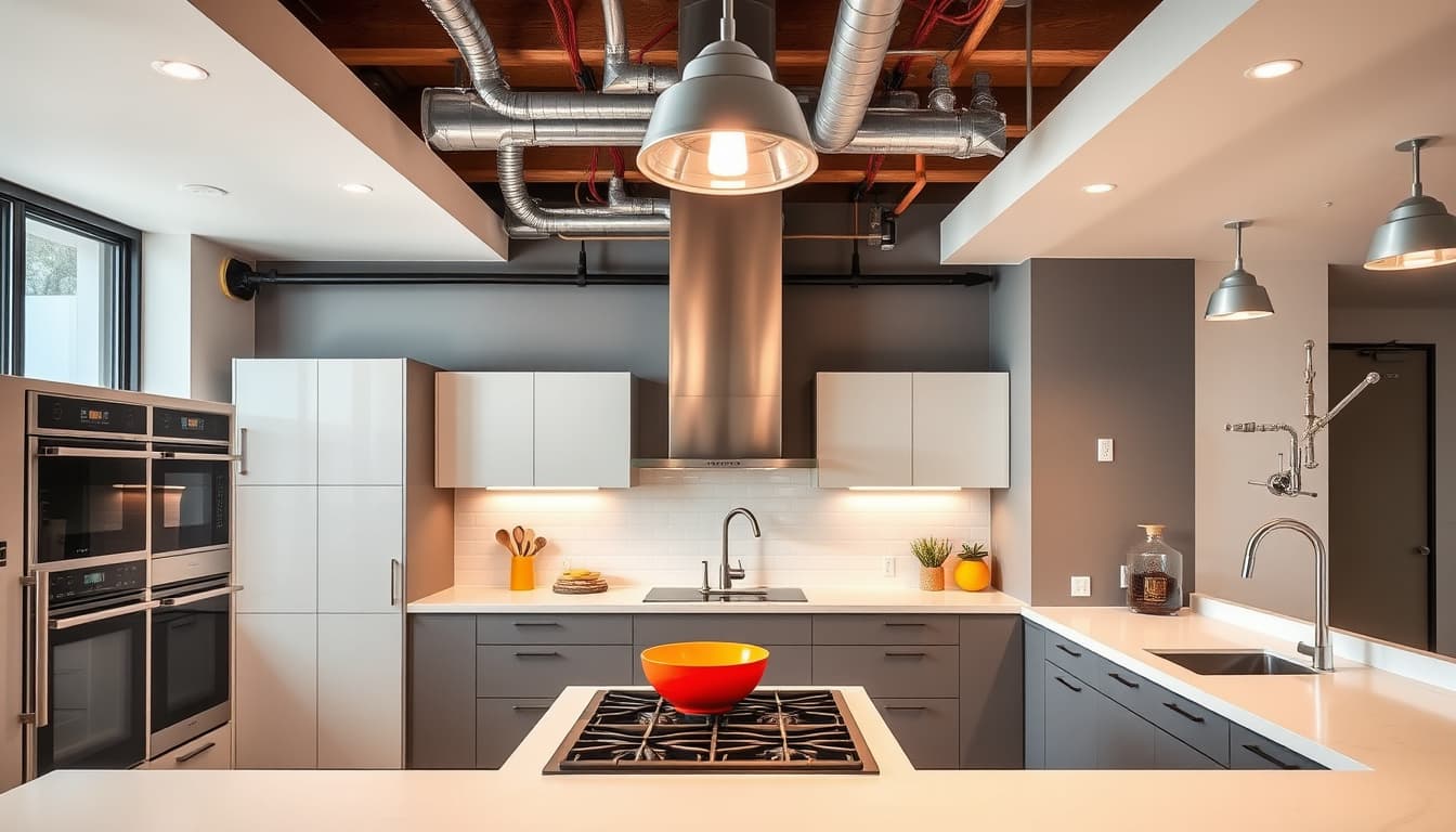 a modern denver kitchen showcasing open space with stylish electrical fixtures and plumbing installations, emphasizing safety and innovation in home design. the scene includes sleek appliances, contemporary cabinetry, and vibrant accents, highlighting a harmonious blend of functionality and aesthetic appeal.