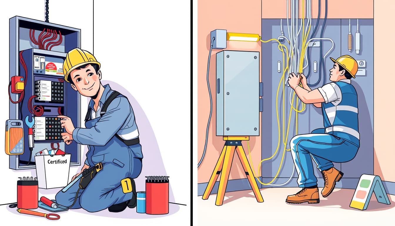 an illustration contrasting two scenes of electrical work: one featuring a certified electrician in a safety helmet and uniform, confidently working on a residential electrical panel, surrounded by tools and safety equipment, and the other scene showing an unlicensed individual attempting to work on electrical wiring without proper tools or safety gear, highlighting the differences in professionalism and safety.