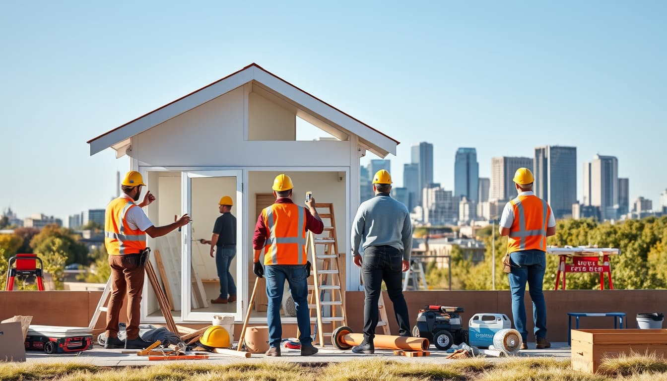 a modern home remodel scene in denver, showcasing a diverse team of professionals (contractors) actively renovating a home, with tools and materials around, set against the backdrop of the denver skyline. emphasize the collaborative atmosphere and vibrant urban environment.