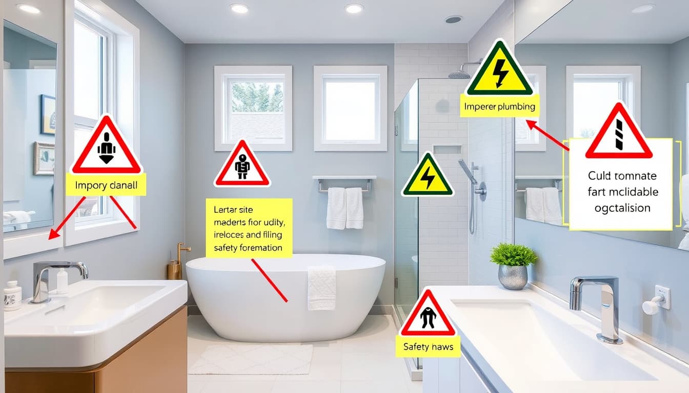 a beautifully renovated bathroom in denver showcasing modern design elements and fixtures, with highlighted areas representing common code violations, such as improper plumbing, electrical issues, and safety hazards. the scene is vibrant and colorful, illustrating both the beauty of a well-executed renovation and the potential pitfalls in the process.