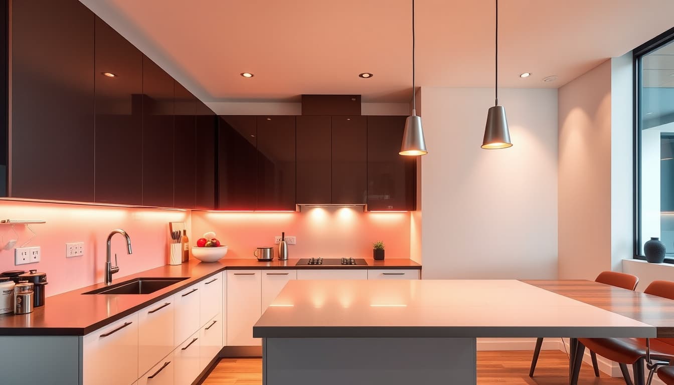 a modern kitchen interior in denver, showcasing innovative lighting solutions and strategically placed electrical outlets. the design features sleek cabinetry, a central island illuminated by pendant lights, and ambient lighting, emphasizing a blend of functionality and contemporary aesthetics.