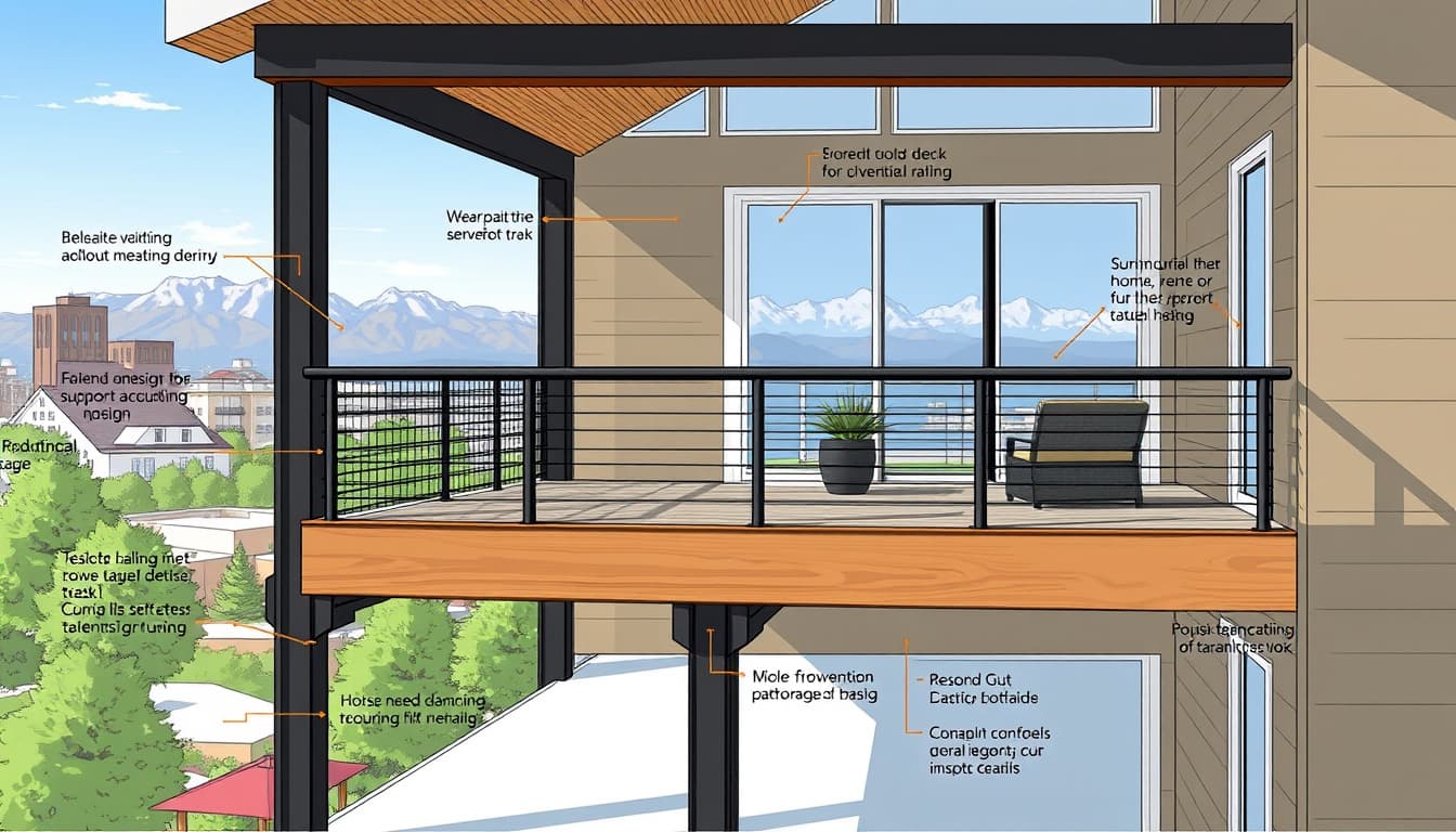a detailed architectural illustration showing a second-story deck design, emphasizing aspects like structural supports, railing details, and compliance features, set against a backdrop of the denver skyline with mountain views. the scene should convey a modern, urban aesthetic highlighting the deck's integration with the home and surroundings.