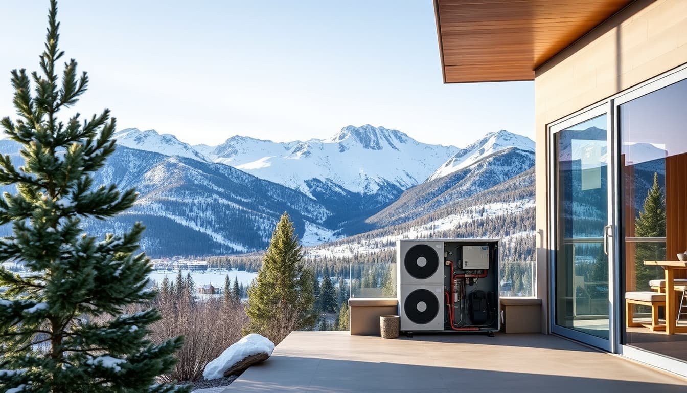 a modern home in denver surrounded by the rocky mountains, featuring a stylish and efficient hvac system visible outside, with elements like snow-capped peaks, trees, and a clear blue sky, capturing the essence of energy efficiency and comfort in a mountainous environment.