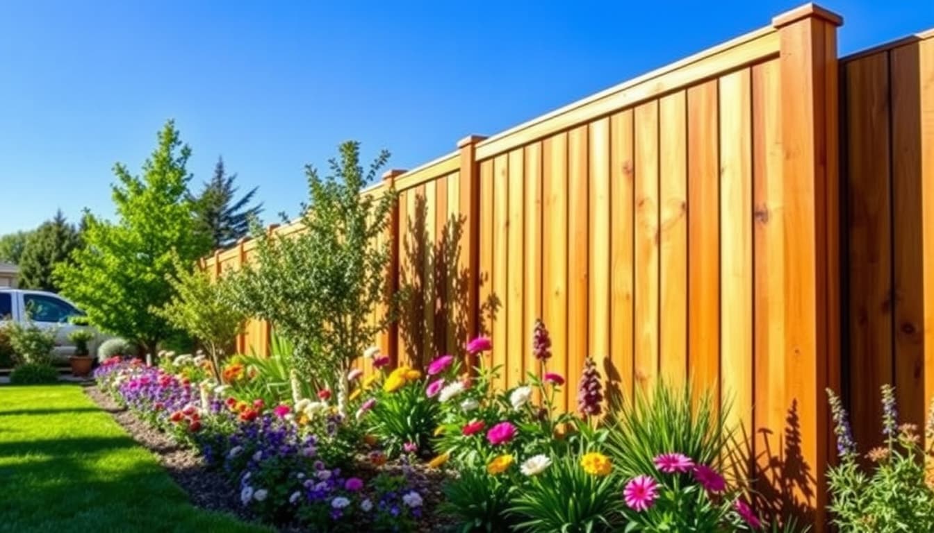 a beautifully landscaped front yard in denver featuring a wooden fence, showcasing a variety of flowering plants, trees, and a clear blue sky. emphasize the height and design of the fence, standing harmoniously against the vibrant greenery and colorful flowers.