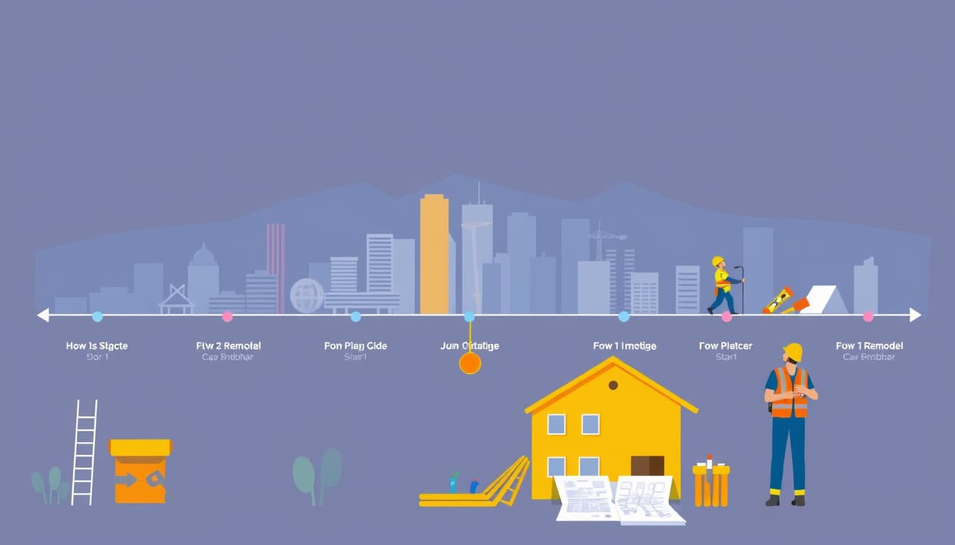 a timeline illustration depicting various stages of a residential remodel project in denver, featuring construction elements like tools, blueprints, and workers, set against a backdrop of a modern denver skyline with mountains in the distance.