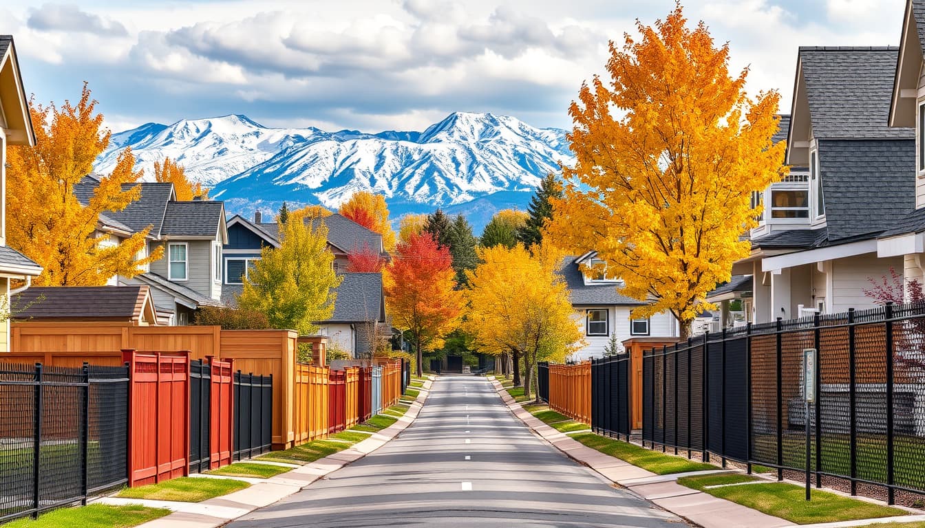 a diverse array of residential fences in a picturesque denver neighborhood, showcasing various materials like wood, vinyl, ornamental metal, and chain-link, with snow-capped mountains in the background and vibrant autumn trees lining the streets.